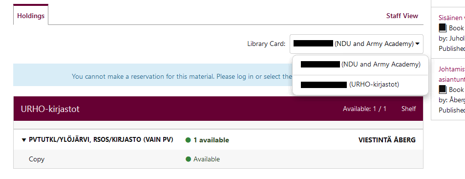Image how you choose a library card for reservation when multiple cards are available.